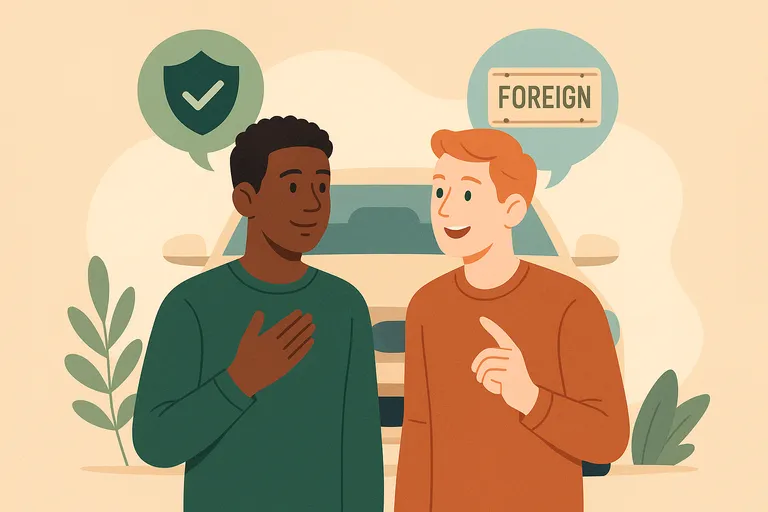 Dos personas conversan frente a un coche, una de ellas menciona un seguro y la otra una matrícula extranjera