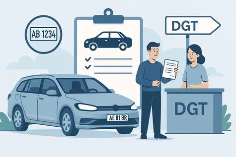 Ilustración de una pareja registrando su coche extranjero en una oficina de la DGT en España.
