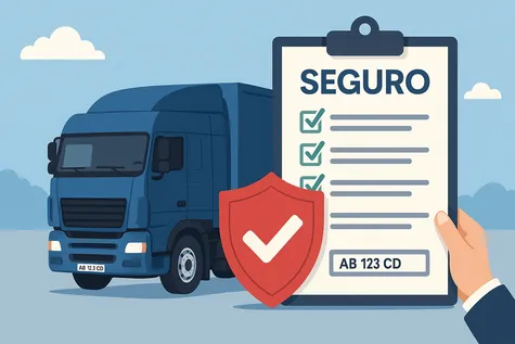 Camión con matrícula extranjera junto a póliza de seguro y escudo de verificación.
