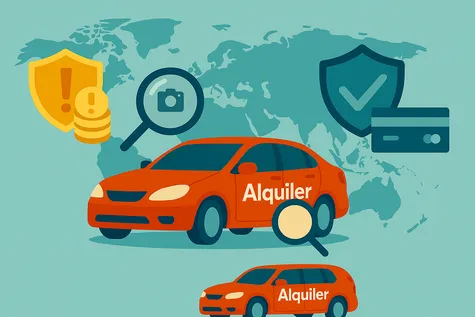 Ilustración plana de un coche naranja con la palabra “Alquiler” en la puerta, sobre un fondo con un mapa del mundo en tonos verdes y turquesa. Alrededor del coche, se muestran varios iconos: un escudo amarillo con símbolo de exclamación y monedas (representando la franquicia), una lupa con una cámara sobre el parachoques (inspección al recoger el coche) y un escudo azul con un cheque junto a una tarjeta de crédito (seguro de reembolso de franquicia), todo dispuesto de manera armoniosa y sin texto adicional