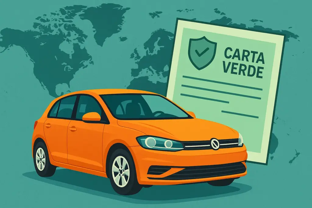 Ilustración plana de un coche naranja con la palabra “Alquiler” en la puerta, sobre un fondo con un mapa del mundo en tonos verdes y turquesa. Alrededor del coche, se muestran varios iconos: un escudo amarillo con símbolo de exclamación y monedas (representando la franquicia), una lupa con una cámara sobre el parachoques (inspección al recoger el coche) y un escudo azul con un cheque junto a una tarjeta de crédito (seguro de reembolso de franquicia), todo dispuesto de manera armoniosa y sin texto adicional