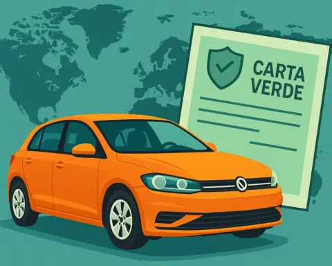 Ilustración plana de un coche naranja con la palabra “Alquiler” en la puerta, sobre un fondo con un mapa del mundo en tonos verdes y turquesa. Alrededor del coche, se muestran varios iconos: un escudo amarillo con símbolo de exclamación y monedas (representando la franquicia), una lupa con una cámara sobre el parachoques (inspección al recoger el coche) y un escudo azul con un cheque junto a una tarjeta de crédito (seguro de reembolso de franquicia), todo dispuesto de manera armoniosa y sin texto adicional