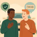 Dos personas conversan frente a un coche, una de ellas menciona un seguro y la otra una matrícula extranjera