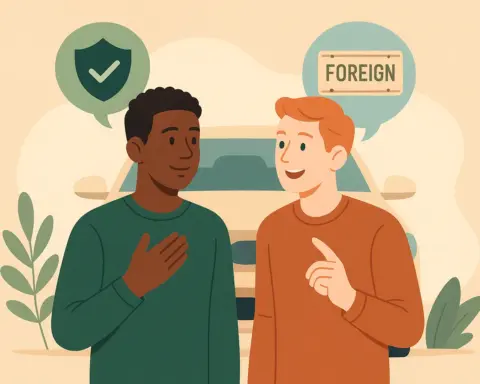 Dos personas conversan frente a un coche, una de ellas menciona un seguro y la otra una matrícula extranjera