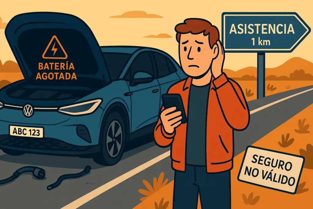 Coche eléctrico con matrícula extranjera averiado en carretera; conductor preocupado revisa su móvil junto a señal de asistencia y cartel de seguro no válido