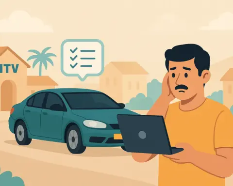 Hombre preocupado revisando su portátil frente a un coche con matrícula extranjera en un entorno urbano español; edificio de ITV y checklist digital en el fondo