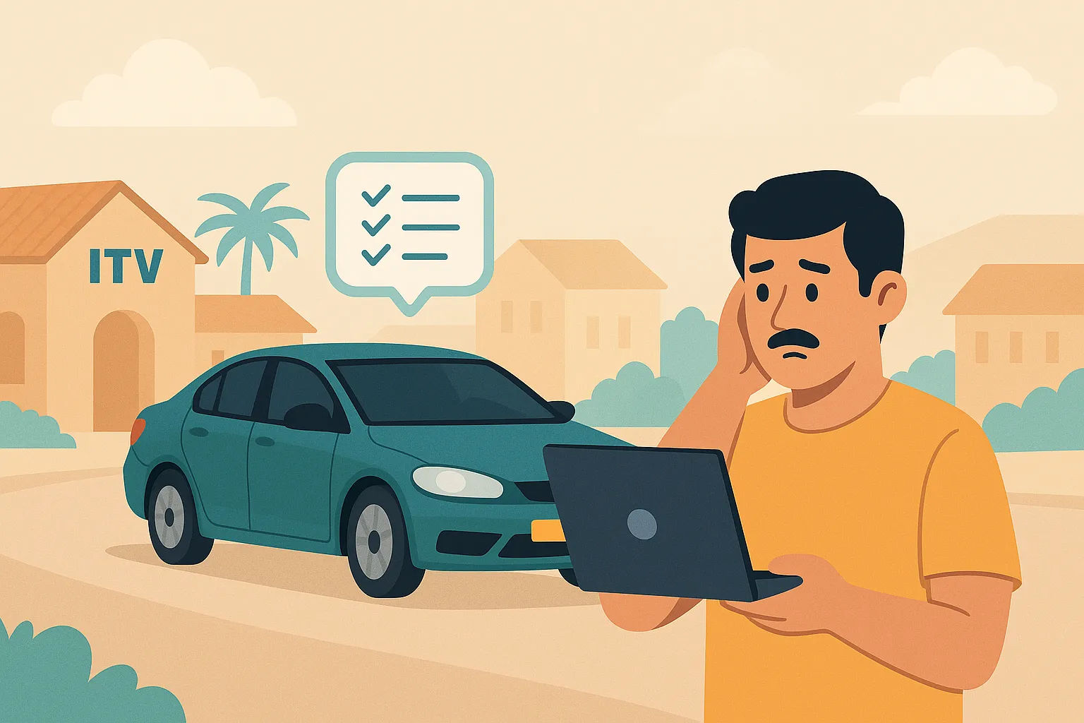 Hombre preocupado revisando su portátil frente a un coche con matrícula extranjera en un entorno urbano español; edificio de ITV y checklist digital en el fondo