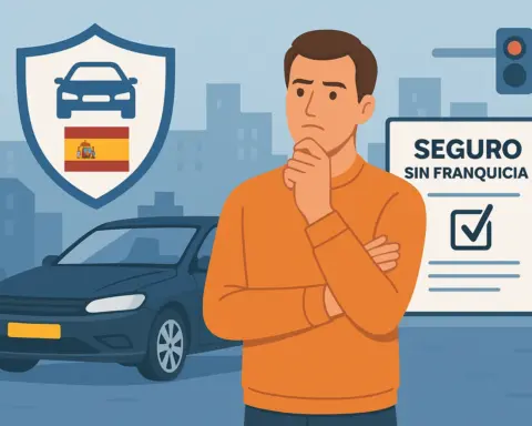 Hombre pensativo junto a un coche con matrícula extranjera y un cartel de seguro sin franquicia, en una ciudad española con semáforo en rojo y edificios de fondo