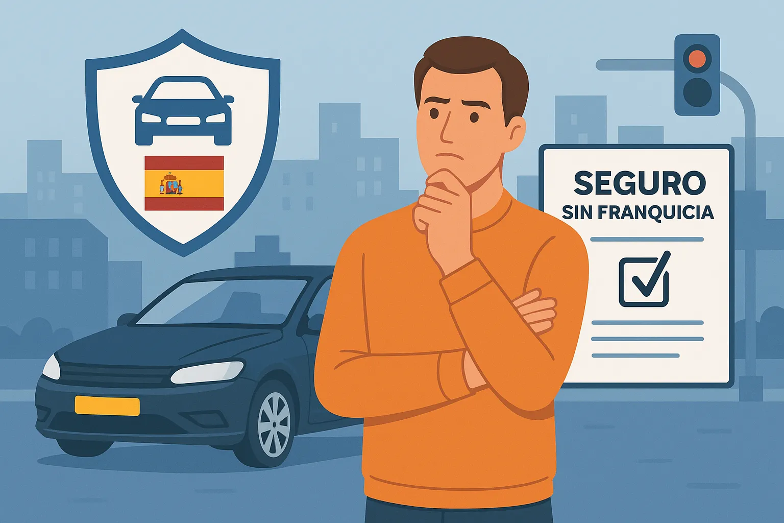 Hombre pensativo junto a un coche con matrícula extranjera y un cartel de seguro sin franquicia, en una ciudad española con semáforo en rojo y edificios de fondo