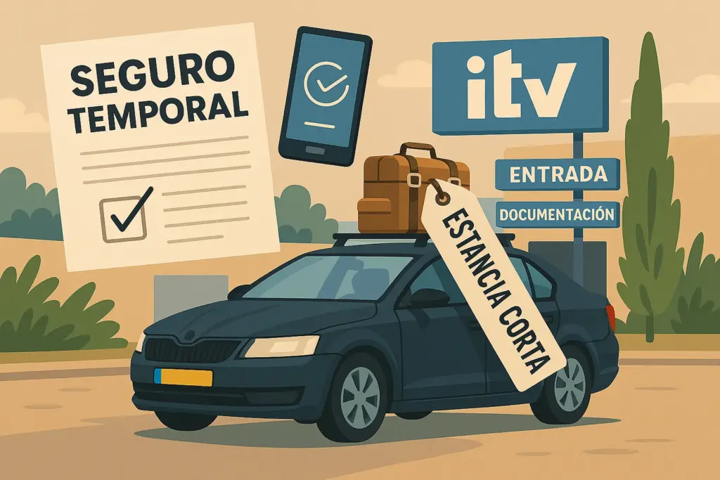 Coche con matrícula extranjera frente a estación ITV en España, con maleta en el techo y etiqueta de Estancia Corta; flotan un móvil con seguro digital y un documento que dice Seguro Temporal en español