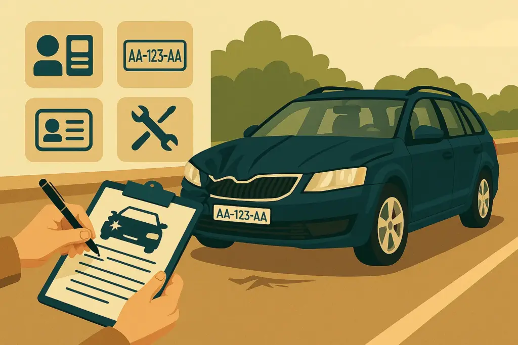 Un conductor ha tenido un accidente y se está asegurando de tener toda la documentación para su coche con matrícula extranjera.