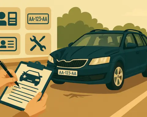 Un conductor ha tenido un accidente y se está asegurando de tener toda la documentación para su coche con matrícula extranjera.