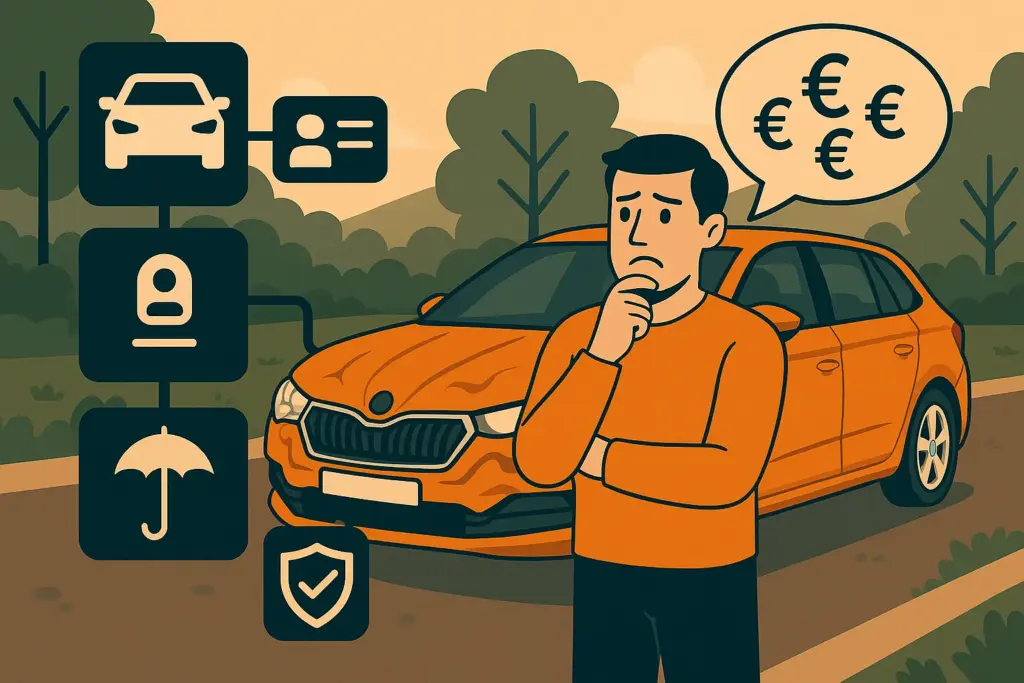 Un hombre que ha tenido un accidente en la carretera valora todas las opciones sobre el precio del seguro para su coche de matrícula extranjera.