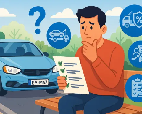 Un hombre, sentado en un banco, compara buscando el mejor seguro para su coche con matrícula extranjera