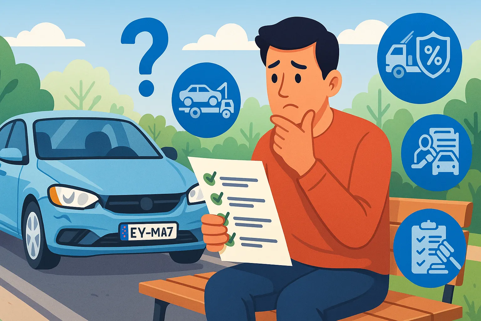 Un hombre, sentado en un banco, compara buscando el mejor seguro para su coche con matrícula extranjera