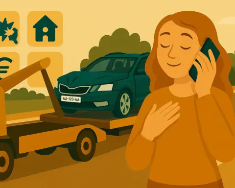 Una mujer con cara de alivio tras tener un accidente con su coche extranjero y recibir una buena asistencia porque la grúa le está remolcando el coche.