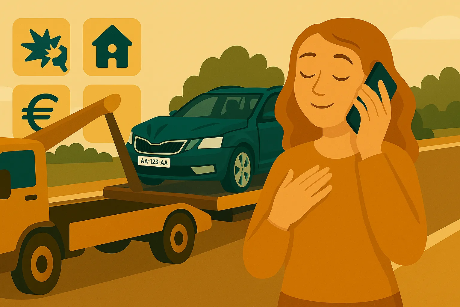 Una mujer con cara de alivio tras tener un accidente con su coche extranjero y recibir una buena asistencia porque la grúa le está remolcando el coche.