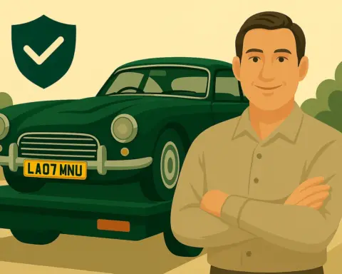 Un hombre feliz mientras la grúa con plataforma se lleva su coche clásico tras sufrir un percance.