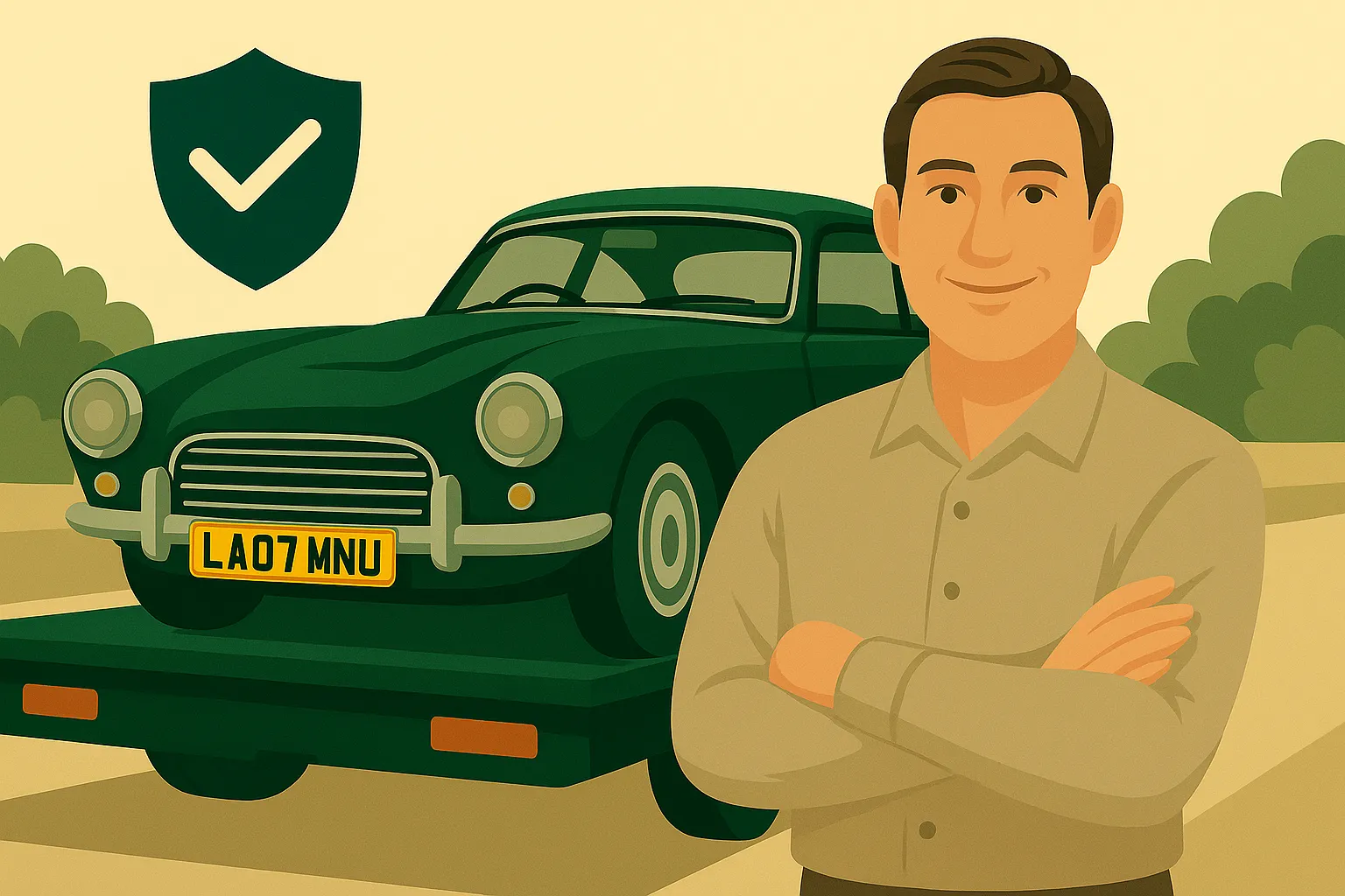 Un hombre feliz mientras la grúa con plataforma se lleva su coche clásico tras sufrir un percance.