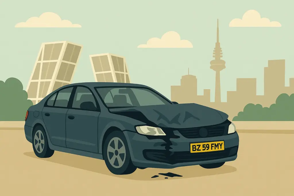 Un coche con matrícula extranjera ha tenido un accidente en Madrid y se ha quedado tirado por no tener seguro.