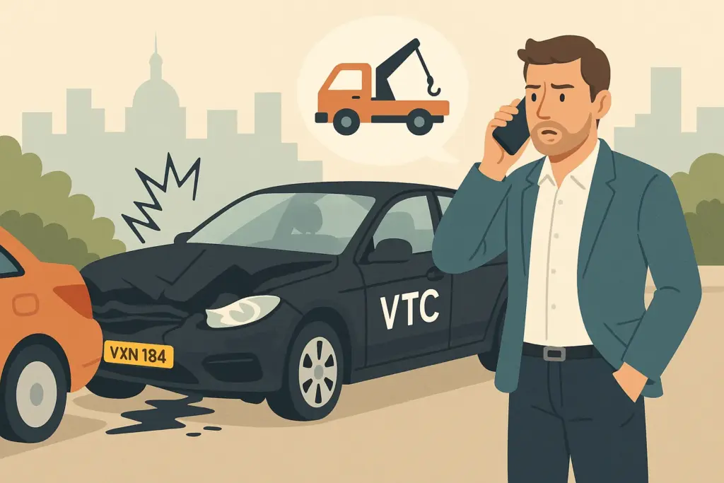 Un conductor de VTC está llamando a la grúa tras sufrir un accidente con su coche con matrícula extranjera.