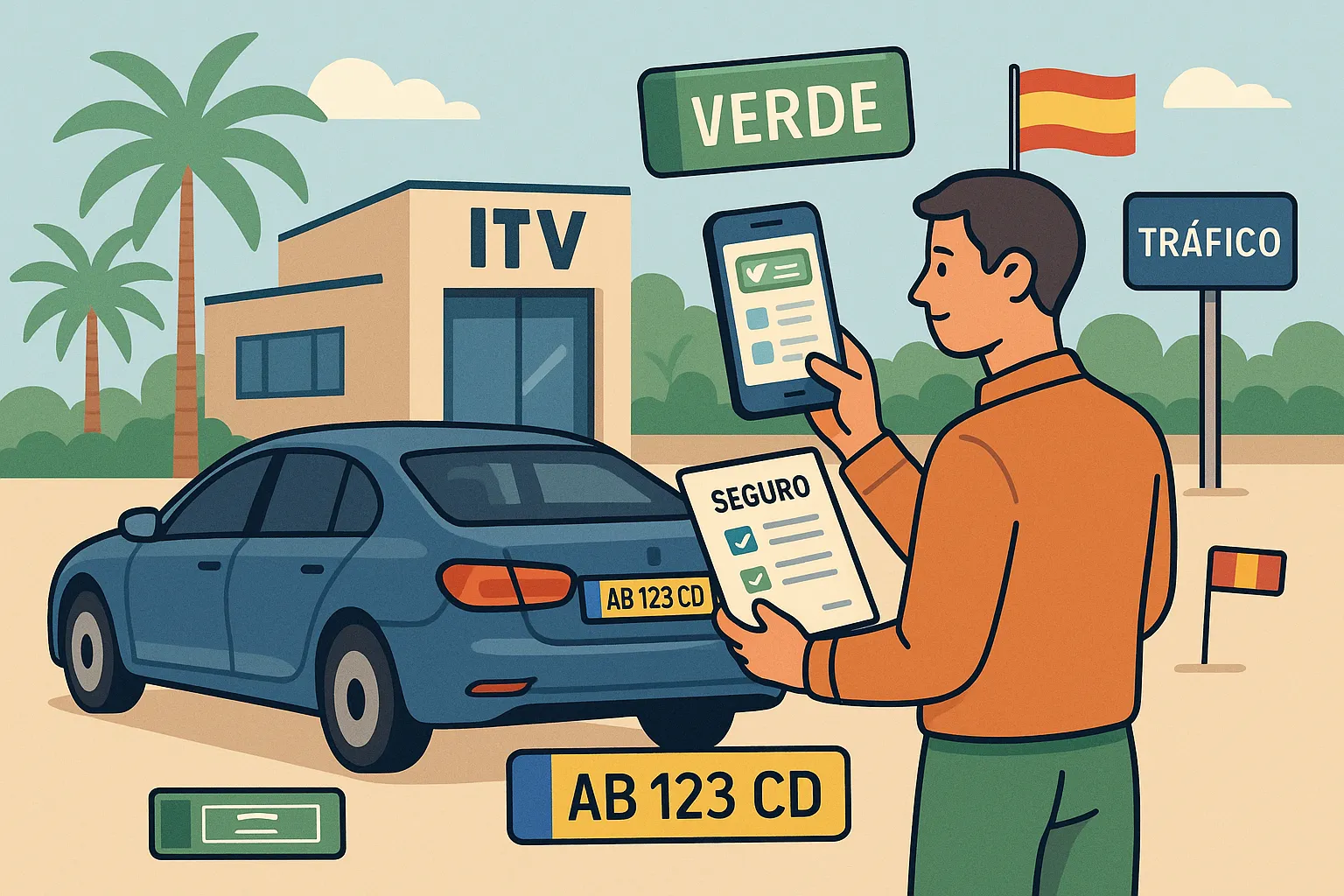 Un hombre busca un seguro para su coche de importación y compara opciones para pasar la ITV.