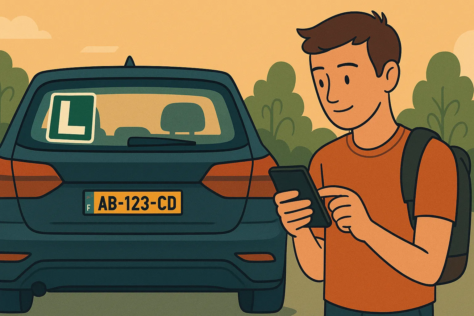 Un conductor joven, con la L en su coche de matrícula extranjera, revisa todas las opciones que tiene para contratar un seguro.