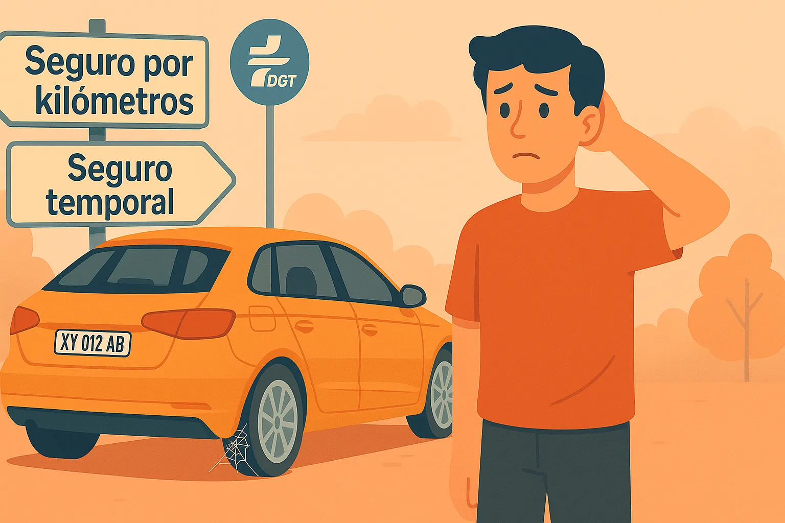 Un hombre joven con un coche con matrícula extranjera duda de si contratar un seguro por kilómetros o un seguro temporal.