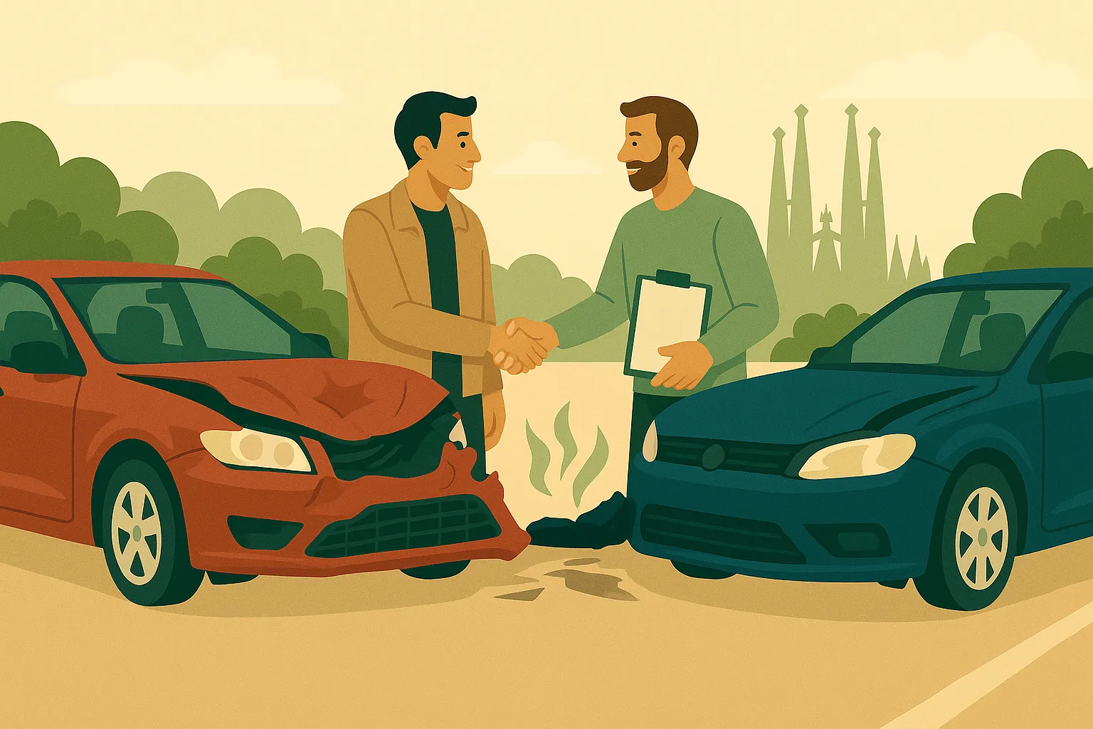 Dos hombres han tenido un accidente con su coche en extranjero en Barcelona y llegan a un acuerdo para el seguro.