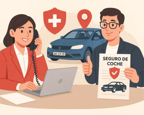 Asesor explicando seguro de coche extranjero con documento y vehículo en fondo.