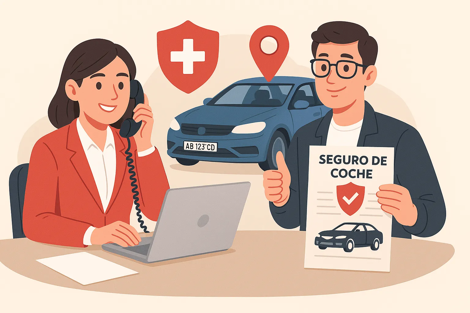 Asesor explicando seguro de coche extranjero con documento y vehículo en fondo.