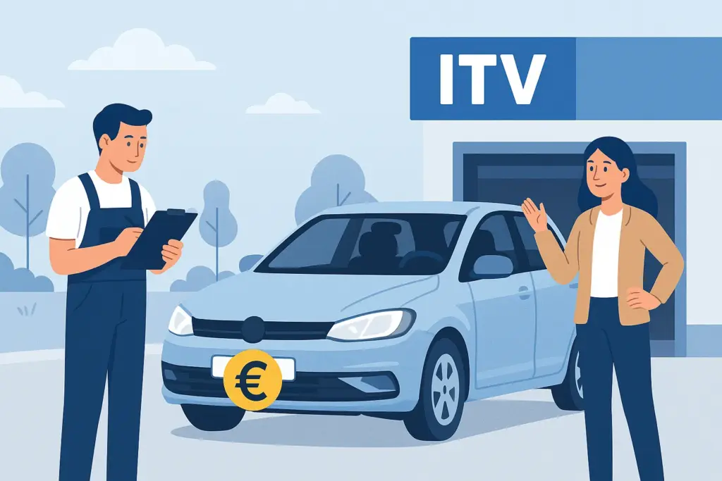 Coche extranjero frente a estación ITV con símbolo de euro en la matrícula.