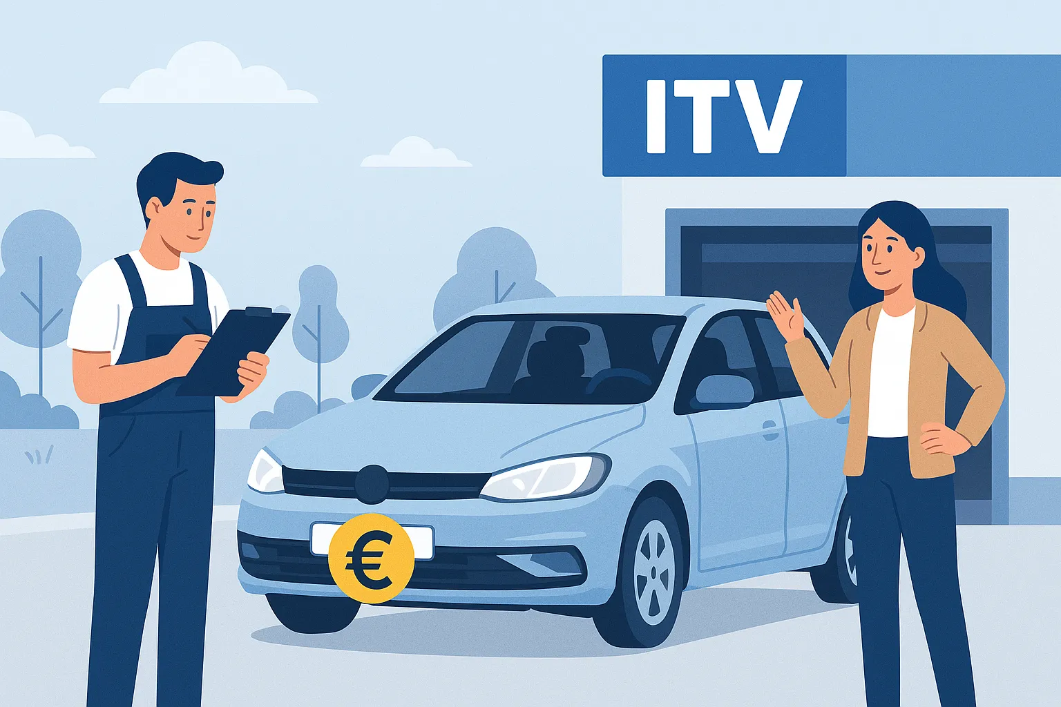 Coche extranjero frente a estación ITV con símbolo de euro en la matrícula.