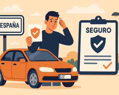 Hombre confundido frente a un coche con matrícula extranjera en España, sosteniendo un documento de seguro cerca de un cartel que indica "España".