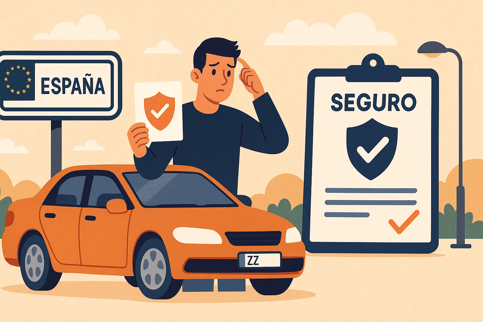 Hombre confundido frente a un coche con matrícula extranjera en España, sosteniendo un documento de seguro cerca de un cartel que indica "España".