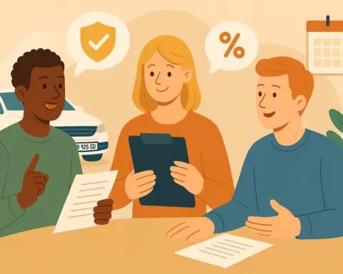 Tres personas en una mesa revisan documentos relacionados con seguros de coche, con iconos de protección y descuentos