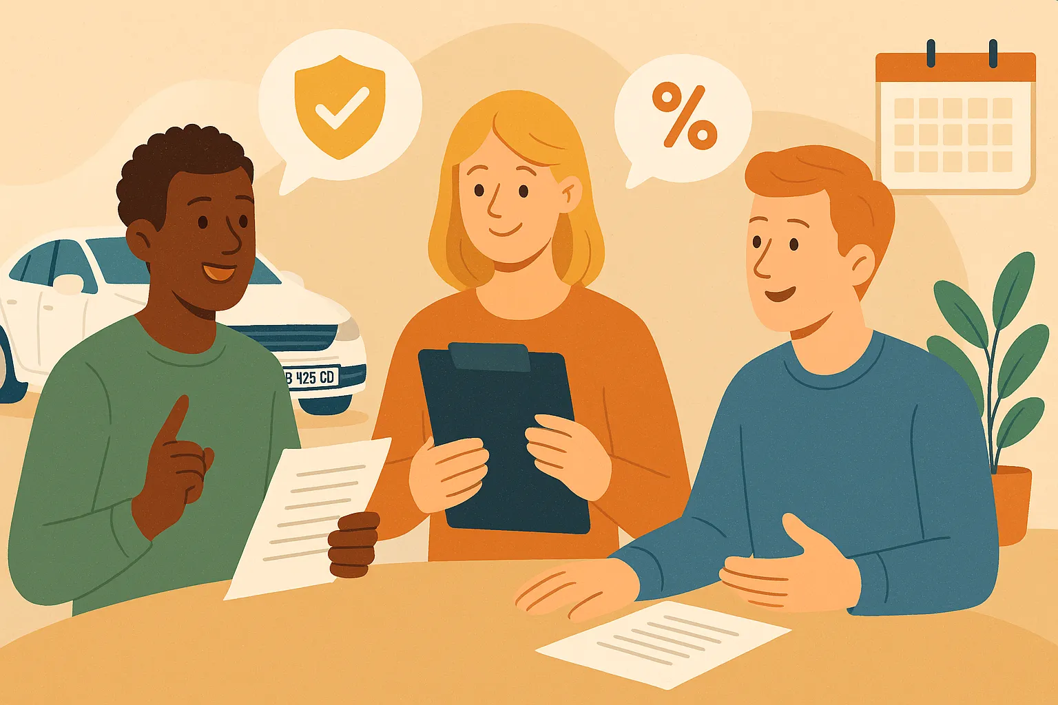 Tres personas en una mesa revisan documentos relacionados con seguros de coche, con iconos de protección y descuentos