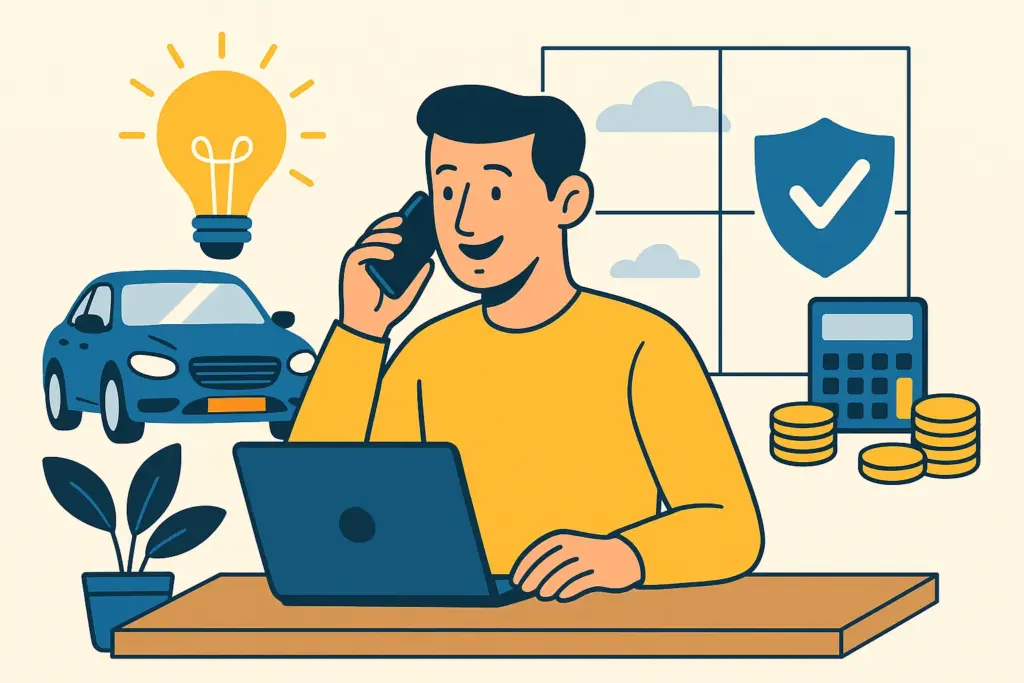 Hombre comparando seguro para coche extranjero desde el portátil con iconos de ahorro.