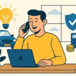 Hombre comparando seguro para coche extranjero desde el portátil con iconos de ahorro.