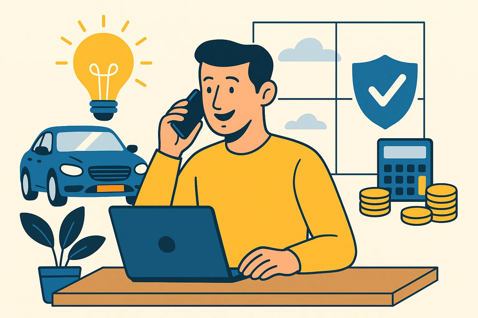 Hombre comparando seguro para coche extranjero desde el portátil con iconos de ahorro.