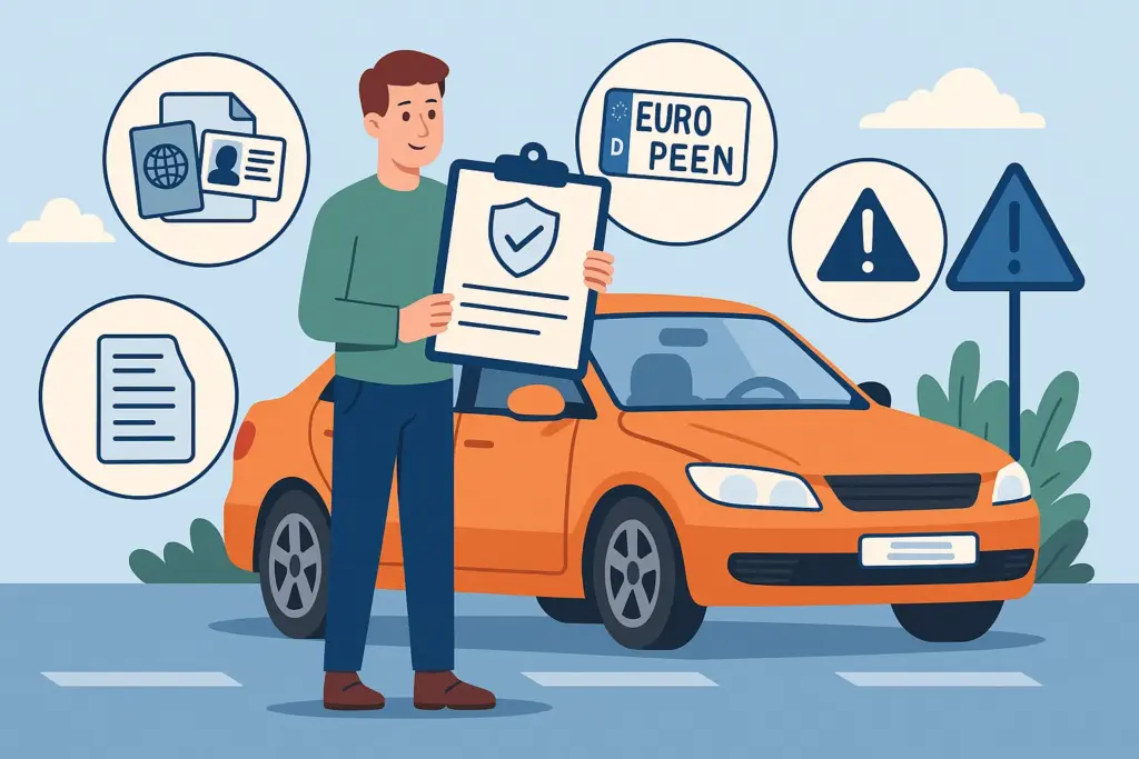 Dos personas conversan frente a un coche, una de ellas menciona un seguro y la otra una matrícula extranjera