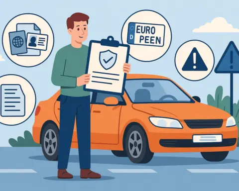 Dos personas conversan frente a un coche, una de ellas menciona un seguro y la otra una matrícula extranjera