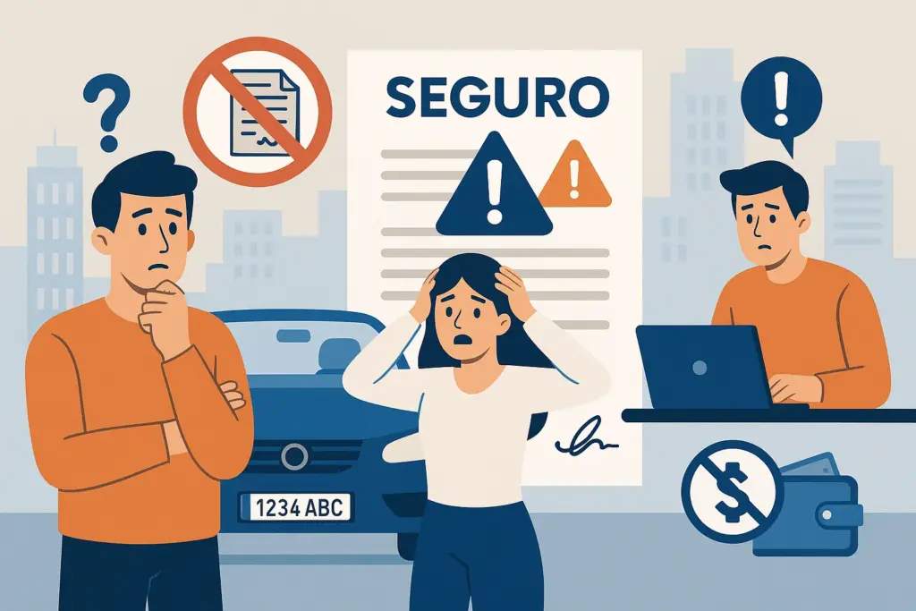 Personas confundidas ante errores de seguro de coche con matrícula extranjera.