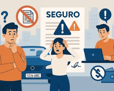 Personas confundidas ante errores de seguro de coche con matrícula extranjera.