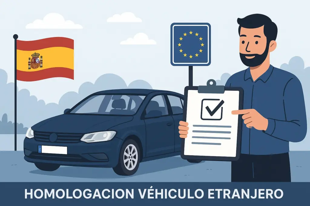 Ilustración de la homologación de un coche extranjero en España con bandera y señal europea.