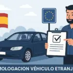 Ilustración de la homologación de un coche extranjero en España con bandera y señal europea.
