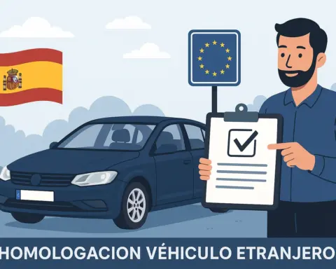 Ilustración de la homologación de un coche extranjero en España con bandera y señal europea.