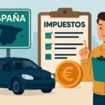 Ilustración de coche extranjero con señal de España, impuestos y asesor explicando el proceso.