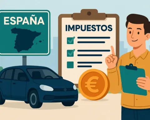 Ilustración de coche extranjero con señal de España, impuestos y asesor explicando el proceso.