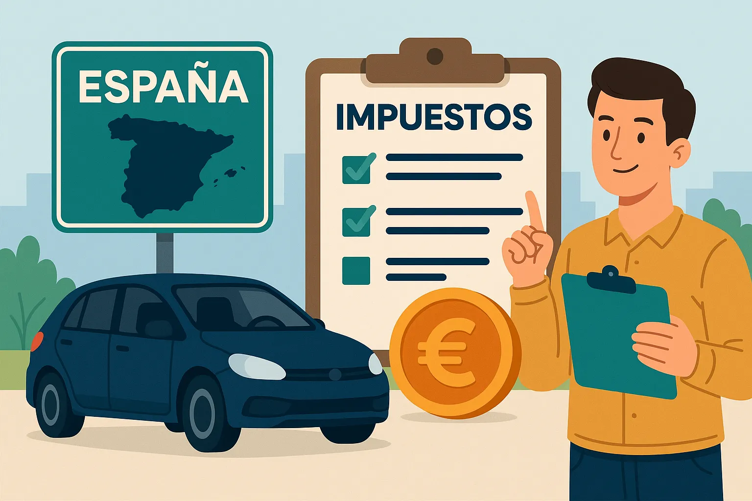 Ilustración de coche extranjero con señal de España, impuestos y asesor explicando el proceso.
